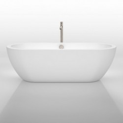 72 inch Freestanding Bathtub in White with Floor Mounted Faucet, Drain and Overflow Trim in Brushed Nickel