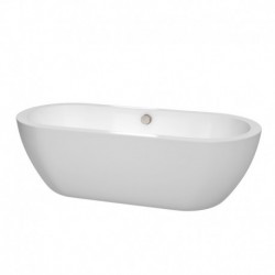 72 inch Freestanding Bathtub in White with Brushed Nickel Drain and Overflow Trim