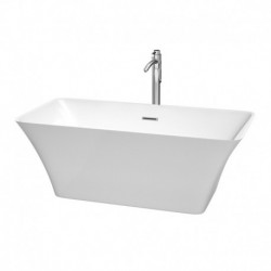 59 inch Freestanding Bathtub in White with Floor Mounted Faucet, Drain and Overflow Trim in Polished Chrome