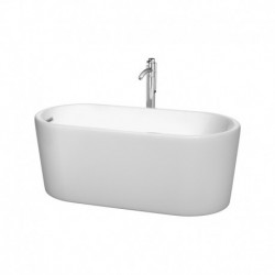 59 inch Freestanding Bathtub in White with Polished Chrome Drain and Overflow Trim and Floor Mounted Faucet