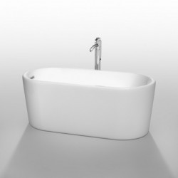 59 inch Freestanding Bathtub in White with Polished Chrome Drain and Overflow Trim and Floor Mounted Faucet