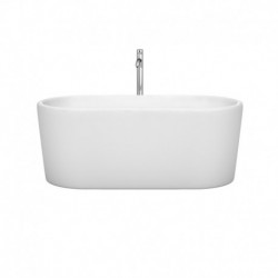 59 inch Freestanding Bathtub in White with Polished Chrome Drain and Overflow Trim and Floor Mounted Faucet