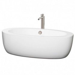 69 inch Freestanding Bathtub in White with Floor Mounted Faucet, Drain and Overflow Trim in Brushed Nickel