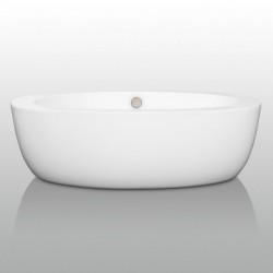 69 inch Freestanding Bathtub in White with Brushed Nickel Drain and Overflow Trim