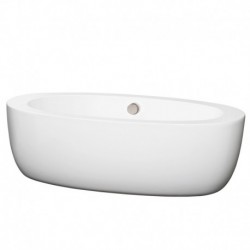 69 inch Freestanding Bathtub in White with Brushed Nickel Drain and Overflow Trim