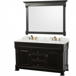 60 inch Double Bathroom Vanity in Black, White Carrera Marble Countertop, Undermount Oval Sinks, and 56 inch Mirror
