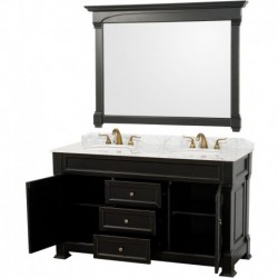 60 inch Double Bathroom Vanity in Black, White Carrera Marble Countertop, Undermount Oval Sinks, and 56 inch Mirror