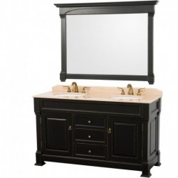 60 inch Double Bathroom Vanity in Black, Ivory Marble Countertop, Undermount Oval Sinks, and 56 inch Mirror