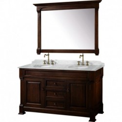 60 inch Double Bathroom Vanity in Dark Cherry, White Carrera Marble Countertop, Undermount Oval Sinks, and 56 inch Mirror