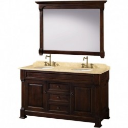 60 inch Double Bathroom Vanity in Dark Cherry, Ivory Marble Countertop, Undermount Oval Sinks, and 56 inch Mirror