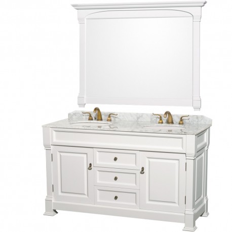 60 inch Double Bathroom Vanity in White, White Carrera Marble Countertop, Undermount Oval Sinks, and 56 inch Mirror