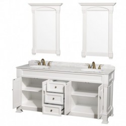 60 inch Double Bathroom Vanity in White, White Carrera Marble Countertop, Undermount Oval Sinks, and 56 inch Mirror