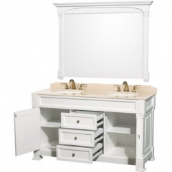 60 inch Double Bathroom Vanity in White, Ivory Marble Countertop, Undermount Oval Sinks, and 56 inch Mirror
