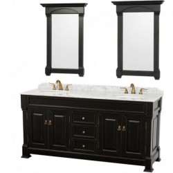 72 inch Double Bathroom Vanity in Black, White Carrera Marble Countertop, Undermount Oval Sinks, and 28 inch Mirrors