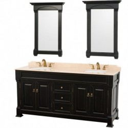 72 inch Double Bathroom Vanity in Black, Ivory Marble Countertop, Undermount Oval Sinks, and 28 inch Mirrors