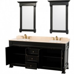 72 inch Double Bathroom Vanity in Black, Ivory Marble Countertop, Undermount Oval Sinks, and 28 inch Mirrors