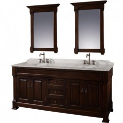 72 inch Double Bathroom Vanity in Dark Cherry, White Carrera Marble Countertop, Undermount Oval Sinks, and 28 inch Mirrors