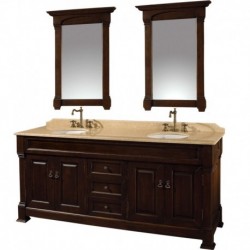 72 inch Double Bathroom Vanity in Dark Cherry, Ivory Marble Countertop, Undermount Oval Sinks, and 28 inch Mirrors