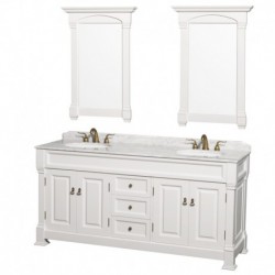 72 inch Double Bathroom Vanity in White, White Carrera Marble Countertop, Undermount Oval Sinks, and 28 inch Mirrors