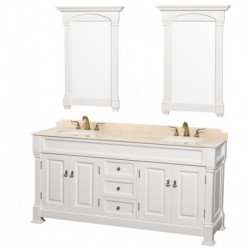 72 inch Double Bathroom Vanity in White, Ivory Marble Countertop, Undermount Oval Sinks, and 28 inch Mirrors