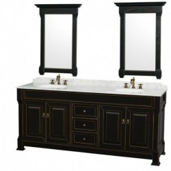 80 inch Double Bathroom Vanity in Black with White Carrera Marble Countertop, Undermount Oval Sinks, and 28 inch Mirrors