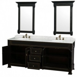 80 inch Double Bathroom Vanity in Black with White Carrera Marble Countertop, Undermount Oval Sinks, and 28 inch Mirrors