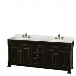 80 inch Double Bathroom Vanity in Black with White Carrera Marble Countertop, Undermount Oval Sinks, and 28 inch Mirrors