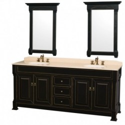 80 inch Double Bathroom Vanity in Black with Ivory Marble Countertop, Undermount Oval Sinks, and 28 inch Mirrors