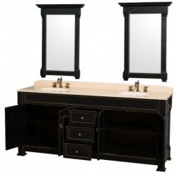 80 inch Double Bathroom Vanity in Black with Ivory Marble Countertop, Undermount Oval Sinks, and 28 inch Mirrors