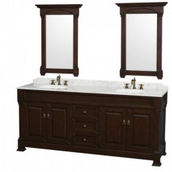 80 inch Double Bathroom Vanity in Dark Cherry with White Carrera Marble Countertop, Undermount Oval Sinks, and 28 inch Mirrors