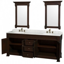 80 inch Double Bathroom Vanity in Dark Cherry with White Carrera Marble Countertop, Undermount Oval Sinks, and 28 inch Mirrors