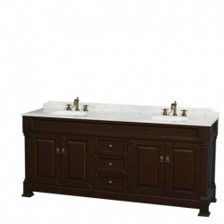 80 inch Double Bathroom Vanity in Dark Cherry with White Carrera Marble Countertop, Undermount Oval Sinks, and 28 inch Mirrors