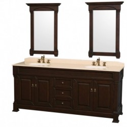 80 inch Double Bathroom Vanity in Dark Cherry with Ivory Marble Countertop, Undermount Oval Sinks, and 28 inch Mirrors