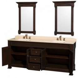 80 inch Double Bathroom Vanity in Dark Cherry with Ivory Marble Countertop, Undermount Oval Sinks, and 28 inch Mirrors