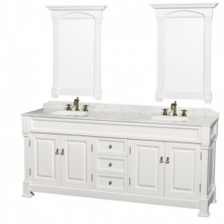 80 inch Double Bathroom Vanity in White with White Carrera Marble Countertop, Undermount Oval Sinks, and 28 inch Mirrors