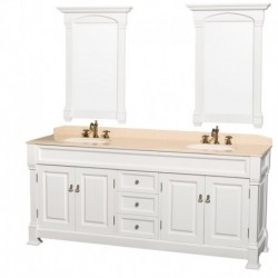 80 inch Double Bathroom Vanity in White with Ivory Marble Countertop, Undermount Oval Sinks, and 28 inch Mirrors