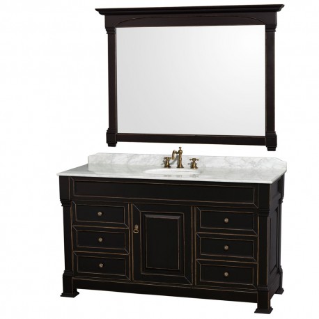 60 inch Single Bathroom Vanity in Black with White Carrera Marble Countertop, Undermount Oval Sink, and 56 inch Mirror