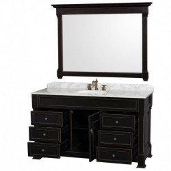 60 inch Single Bathroom Vanity in Black with White Carrera Marble Countertop, Undermount Oval Sink, and 56 inch Mirror
