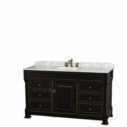 60 inch Single Bathroom Vanity in Black with White Carrera Marble Countertop, Undermount Oval Sink, and 56 inch Mirror