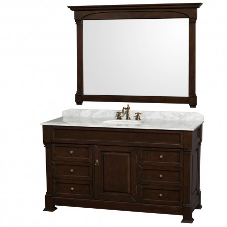 60 inch Single Bathroom Vanity in Dark Cherry with White Carrera Marble Countertop, Undermount Oval Sink, and 56 inch Mirror