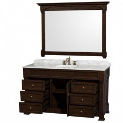 60 inch Single Bathroom Vanity in Dark Cherry with White Carrera Marble Countertop, Undermount Oval Sink, and 56 inch Mirror