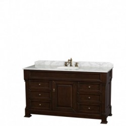 60 inch Single Bathroom Vanity in Dark Cherry with White Carrera Marble Countertop, Undermount Oval Sink, and 56 inch Mirror