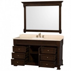 60 inch Single Bathroom Vanity in Dark Cherry with Ivory Marble Countertop, Undermount Oval Sink, and 56 inch Mirror