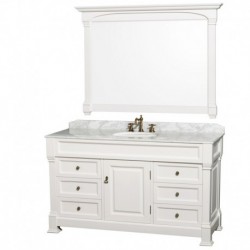 60 inch Single Bathroom Vanity in White with White Carrera Marble Countertop, Undermount Oval Sink, and 56 inch Mirror