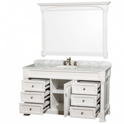 60 inch Single Bathroom Vanity in White with White Carrera Marble Countertop, Undermount Oval Sink, and 56 inch Mirror