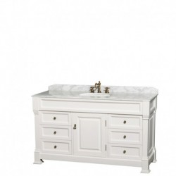 60 inch Single Bathroom Vanity in White with White Carrera Marble Countertop, Undermount Oval Sink, and 56 inch Mirror