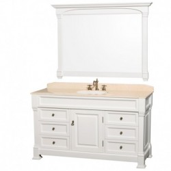 60 inch Single Bathroom Vanity in White with Ivory Marble Countertop, Undermount Oval Sink, and 56 inch Mirror