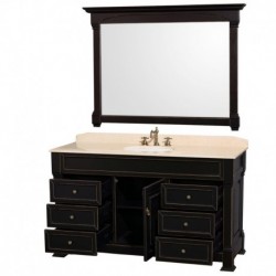 60 inch Single Bathroom Vanity in White with Ivory Marble Countertop, Undermount Oval Sink, and 56 inch Mirror