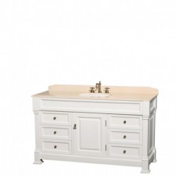 60 inch Single Bathroom Vanity in White with Ivory Marble Countertop, Undermount Oval Sink, and 56 inch Mirror