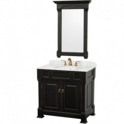 36 inch Single Bathroom Vanity in Black, White Carrera Marble Countertop, Undermount Oval Sink, and 28 inch Mirror